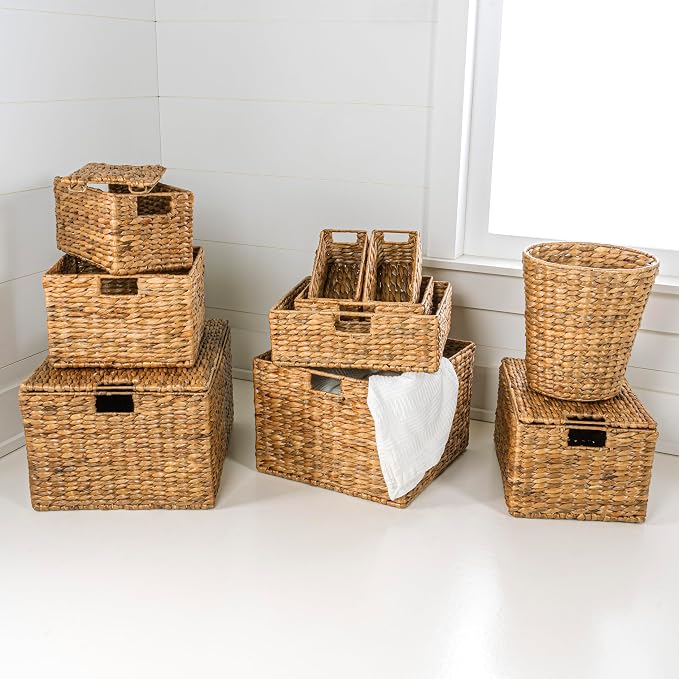 happimess Traditional 10-Piece Hyacinth Wicker Baskets, Natural | Hand-Woven Iron Frame Storage, Lidded Trunk, Trash Bin, Southwestern Style, Living Room Bedroom Decor - Image 2