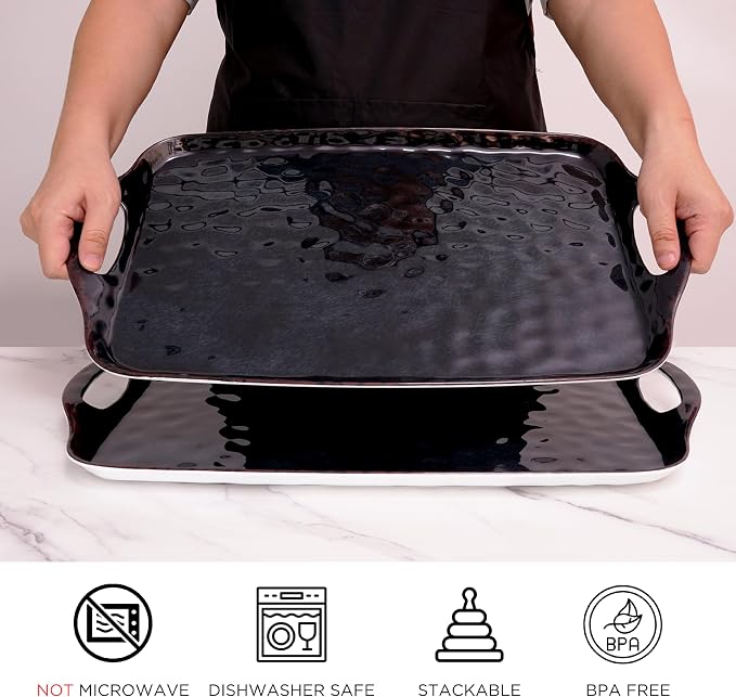 TP Melamine Serving Trays with Handles, 17” x 12”, Set of 2, Retro Black | Rectangular Trays, Serving platters for Food and Meat, Dishwasher Safe, Lightweight, Break-resistant - Image 2