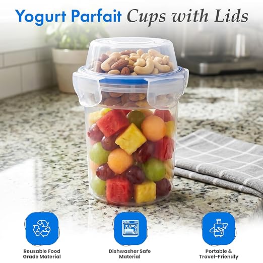 480ml Airtight Cereal Storage Container with Separate Topping Cup Leak-Resistant Clip-Lock Lid Stackable Snack & Yogurt Cup for On-the-Go Breakfast Travel School Office & Daily Use, Set of 4 - Image 3