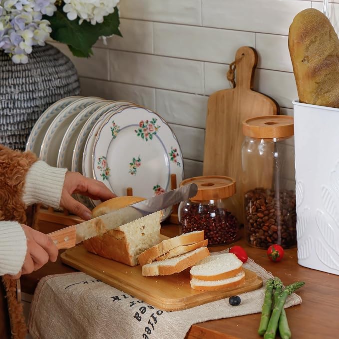 Extra Large Plant Pattern Embossed Bread Box with Bamboo Lid | Corner Breadbox for Homemade Bread, White Metal Bread Storage Container Bin for Kitchen Countertop, Fits 2 Loaves of Bread - Image 2