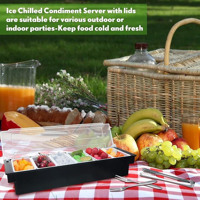 2 Pcs Garnish Tray with Lid for Bartender Condiment Caddy Removable Chilled Fruit Condiment Server with 6 Tong and 6 Fork for Serving Salad Bar Topping Organizer for Restaurant Supply(6 Compartments) - Image 6