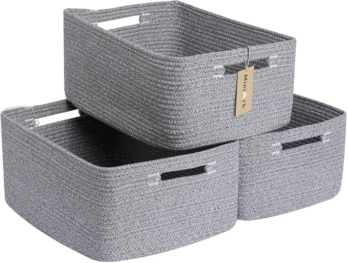 MiniArk Large Storage Baskets for Shelves, 17 x 13 x 7.5” Closet Organizers Bins for Clothes Blanket Towels, Baby Nursery, Toy Baskets Box, Woven Rope Baskets, 3 Packs Mixed Grey by MiniArkStorageBasketsHome