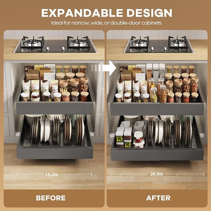 Seinloes 4 Pack Pull out Cabinet Organizer 21" Deep With Raising Pad for Framed Cabinets,Expandable (15.2"-26.3"W) Slide out Drawers for Kitchen Cabinets with 4pcs Divider Racks,Roll out Shelves,Black - Image 6