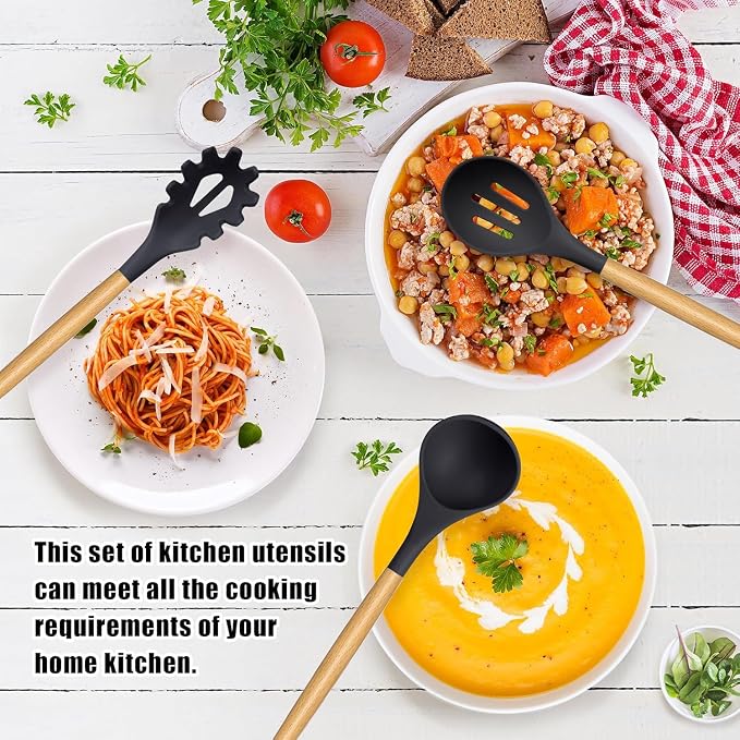 Silicone Kitchen Spatula and Utensils Spoon Set Cooking + Baking Set- 12 Pcs Non-Stick with Wooden Handle-BPA Free,Heat Resistant Item,Flexible Non Toxic Silicon Cookware Tools (Black) - Image 5