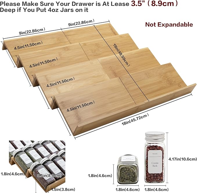 Bamboo Spice Rack Drawer Organizer - 8 Pieces Set- 9" Wide Per Piece - Combine Pieces Into 18" Wide Rack (9" or 18") - Image 4