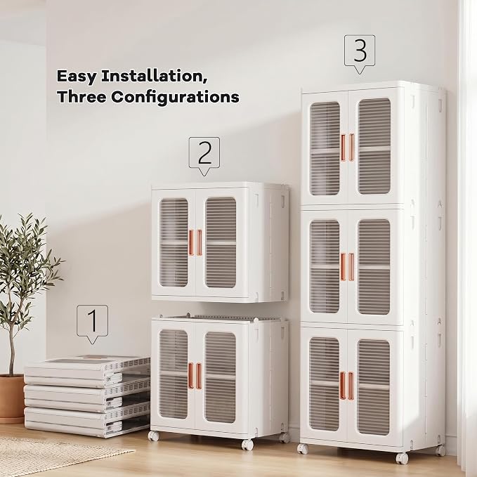 3-Tier Tall Narrow Plastic Storage Cabinet, Foldable | Rolling Organizer with Lid,Doors,Stackable, Adjustable Shelves, Durable PP,Freestanding Bathroom Cabinet for Small Slim Space - Image 3
