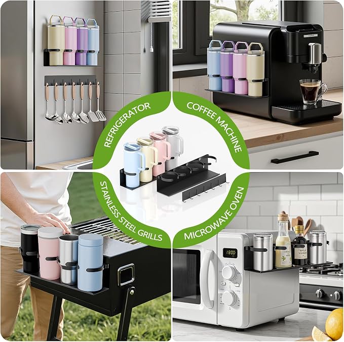 Max Capacity 8-Cup (2x4) Magnetic Stanley Cup Holder for Stanley & Yeti Tumblers (20/30/40oz) – Holds 4 Water Bottle Each, Tumbler Organizer with 7 Hooks for Kitchen Fridge & Metal Surfaces - Image 6