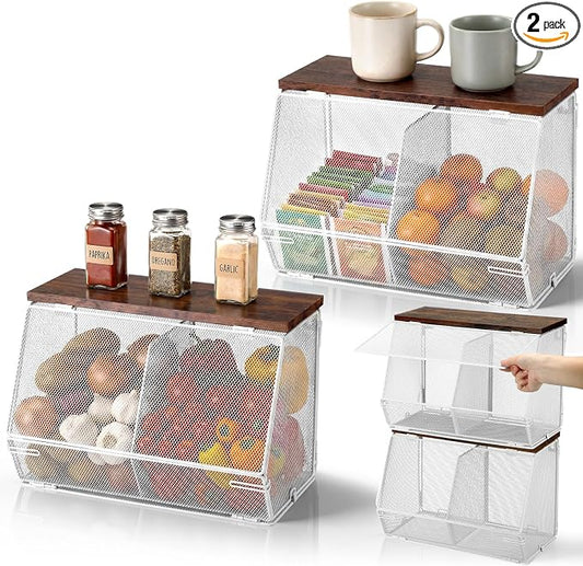 Teenyyou 2 Pcs Stackable Mesh Fruit Basket with Lid Wall Produce Vegetable Storage Basket Onion Potato Hanging Metal Wire Container for Kitchen Counter Pantry (Divided,White,8.3"w & 13.8"L) by Teenyyou