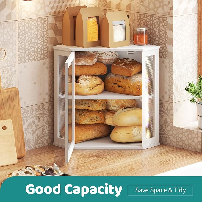 White Corner Bread Box, Extra Large Bamboo Bread Box for Kitchen Countertop, 2 Tier Wooden Bread Storage, Solid Bamboo Wood - Image 4
