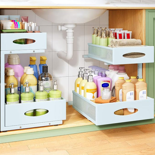 Under Sink Organizer, 1-Pack Pull Out Cabinet Organizer 2 Tier Metal Slide Out Storage Shelf Rack, L-Shaped Adjustable Height,Mesh Sliding Drawer for Kitchen, Bathroom, Laundry, Pantry, Blue, XL by Kitstorack