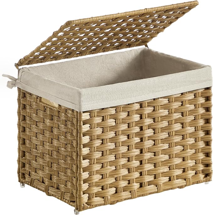 SONGMICS Storage Basket with Lid, Woven Blanket Storage Bin with Handles, Foldable, Removable Liner, Metal Frame, for Bedroom, Laundry Room, 9.2 Gallons (35 L), Natural URST040YE01 by Unknown