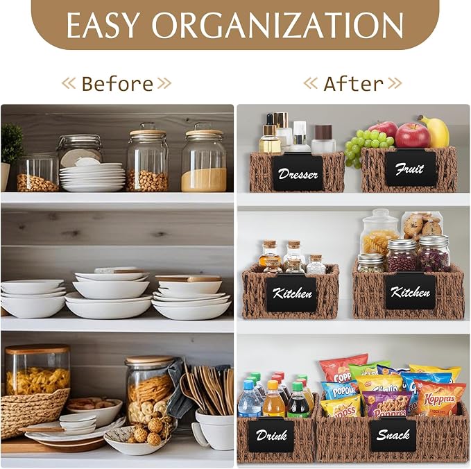 Marsui 9 Pcs Paper Rope Storage Baskets with Handle Labels Handwoven Multi-size Brown Storage Bins for Organizing Small Baskets Container for Shelves Closet Pantry Toilet - Image 6
