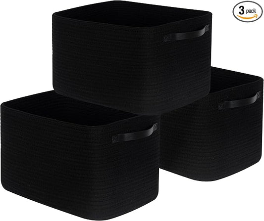 3-Pack Storage Baskets for Shelves, Decorative Baskets for Organizing, Woven Baskets for Storage, Book Basket Cube Bin Box, Pantry Closet, Shoe Organizer, Black / Black by MINTWOODDesign