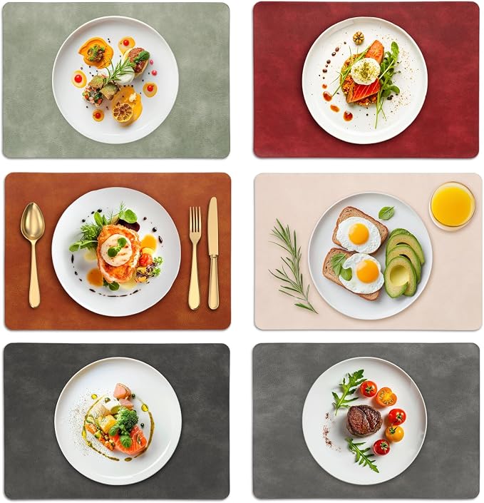 UnivoColors Placemats,Heat Resistant Placemats Set of 6 Washable 12 x 17 Inch,Waterproof Table Mats,Wipeable Pu Place Mats for Kitchen,Dining Room.(Dark Gray+Blue Grey+Green+Reddish Brown+Red+Beige) by UnivoColors