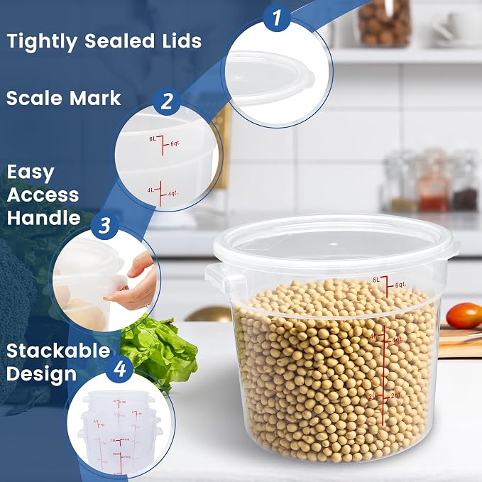 4 Pack 6QT Round Food Storage Containers with Lids | NSF, BPA-free PP containers with scale, label and measuring cup, stackable for prep, storage, freezer. Dishwasher safe - Image 5