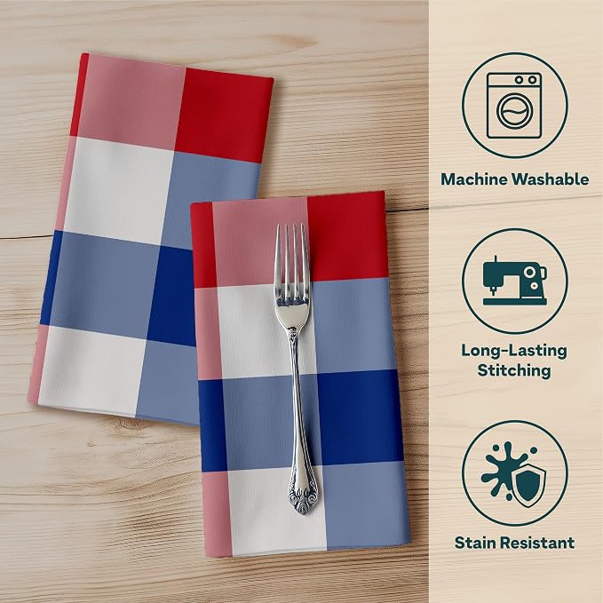 Red White and Blue Plaid Cloth Napkins | Checkered Linen Fourth of July Table Decorations | Gingham | Absorbent, Washable, Reusable, Stain & Wrinkle Resistant | Made in America - 12pack - Image 2