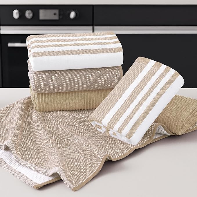 Homaxy Cotton 380 GSM Premium Kitchen Towels, 18"x 28", 6 Pack, Khaki | Soft and Absorbent Terry Dish Towels, Multipurpose Tea Towel Set with Hanging Loop, 3 Styles Kitchen Hand Towels - Image 5