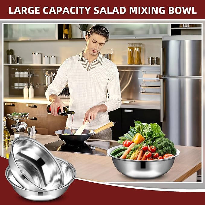 10 Pcs Stainless Steel Mixing Bowls Metal Mixing Bowls Extra Large Basin Salad Bowl with Deeper Edge, Dishwasher Safe, Mirror Finish for Home and Commercial, Silver (13 Inch 7 Qt) - Image 3