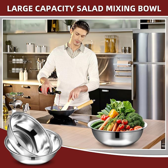 6 Pcs Stainless Steel Mixing Bowls Metal Mixing Bowls Extra Large Basin Salad Bowl with Deeper Edge, Dishwasher Safe, Mirror Finish for Home and Commercial, Silver (18 Inch 16 Qt) - Image 3