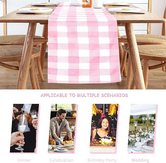 Cupuamon Fabric Checkered Table Runner 1 Pack Waterproof Gingham Table Runner 14W x 108L Buffalo Check Table Runners for Parties Kitchen Dining Wedding Banquet (Pink and White) - Image 3