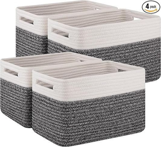4 Pack Storage Baskets for Organizing, Woven Baskets for Shelves - Perfect for Toys, Books, Towels, and Clothes, Durable Gift Basket Bins Toy Storage, 12.7''Lx9''Wx7.8''H, Black & White by SIXDOVE