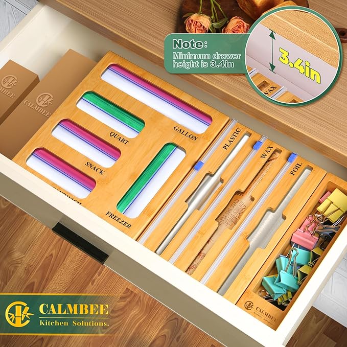 Calmbee 9 in 1 Bamboo Storage Bag Organizer for Kitchen Drawer – Plastic Wrap Dispenser with Cutter & Foil Organizer, Wooden Baggie Organizer for Sandwich, Snack, Gallon, Quart Sizes, Natural - Image 4