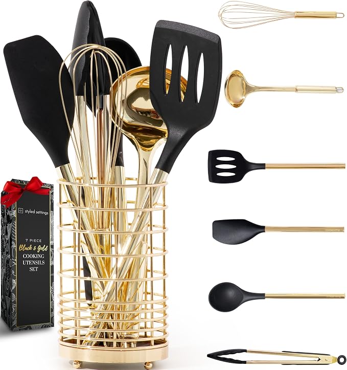 Styled Settings Black and Gold Cooking Utensils Set, 7-Piece, Black & Gold | Nonstick Silicone Cooking Utensils Set with Gold Utensil Holder, White and Gold Kitchen Accessories for Modern Kitchens by STYLEDSETTINGS