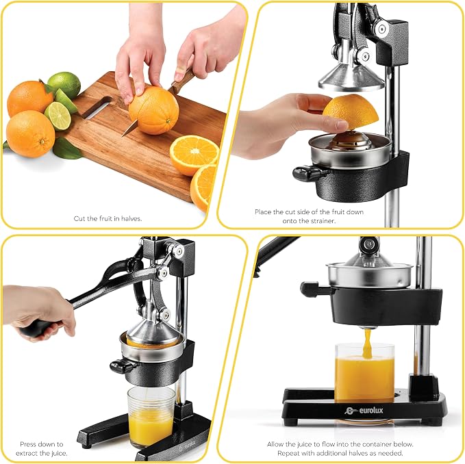 Eurolux Ultra-Premium Cast Iron Juicer | Extra-Large, Heavy Duty, Commercial Grade, Stainless Steel Manual Hand Press Citrus Squeezer For Fresh Orange Juice, Pomegranate, Lemon, and Much More (Black) - Image 9