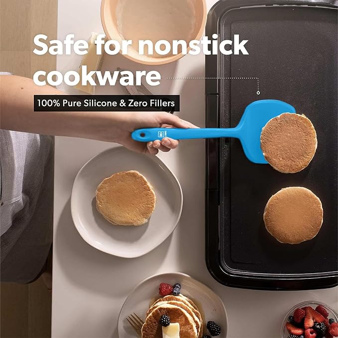 New DI ORO Silicone Turner Spatula Set - Kitchen Spatulas for Nonstick Cookware - Cooking Utensils for Flipping Eggs & Pancakes - 600°F Heat-Resistant BPA Free Turners - Dishwasher Safe (4pc, Blue) - Image 3