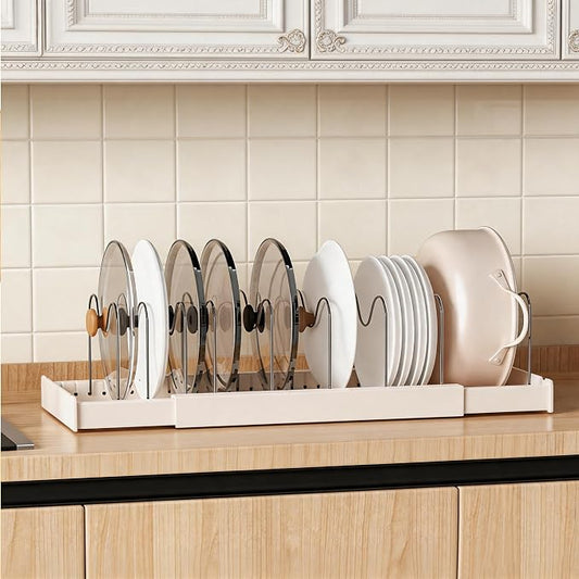 Pots and Pans Organizer under Cabinet, Expandable Adjustable Pot Lid Organizer Rack with 9 Stainless Steel Dividers, Food Storage Container Lid Holder for Kitchen Countertop Storage (White) by Unknown