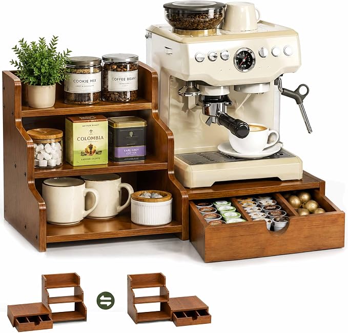 Coffee Station Organizer with K Cup Holder Drawer for Countertop, Coffee Tea Bar Accessories Office Corner Stand Station, 28 Pods Holder Drawer 3-Tier Trapezoidal Wooden Syrup Organizer Rack by Arlifo