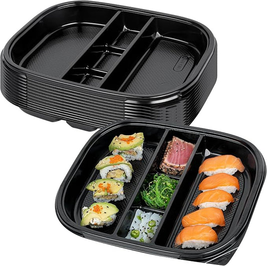 Restaurantware-Bento Tek 50.7 Ounce Meal Prep Containers, 50 Disposable To Go Food Boxes - Lids Sold Separately, 5 Compartments, Black Plastic Bento Lunch Boxes, Freezable, For Take Out by Restaurantware