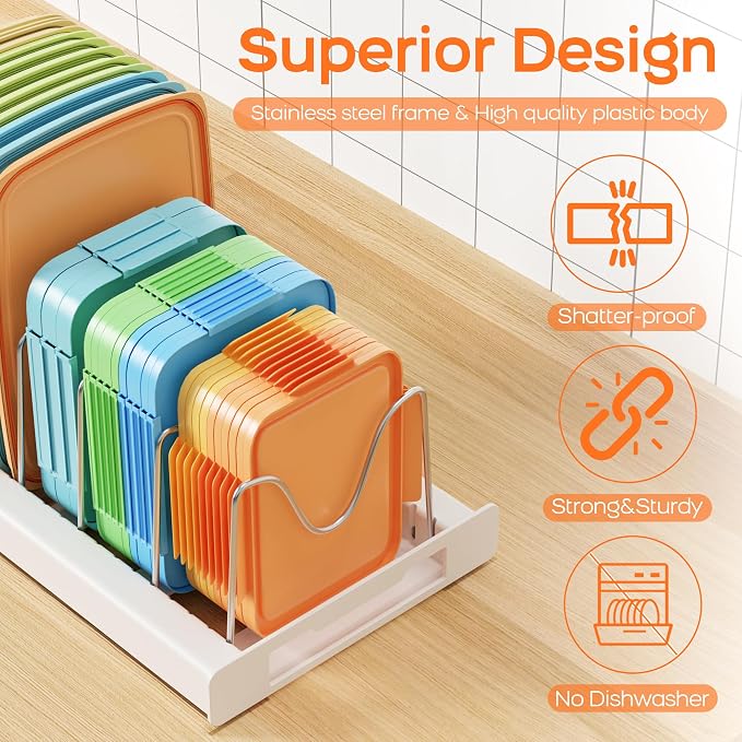 Nigelia 2 Pack Pots and Pans Organizer for Under Cabinet, 22" Expandable Food Storage Container Lid Organizers with 10 Adjustable Dividers Pot Lid Holders Rack Inside Cabinet&Kitchen Countertop(White) - Image 3