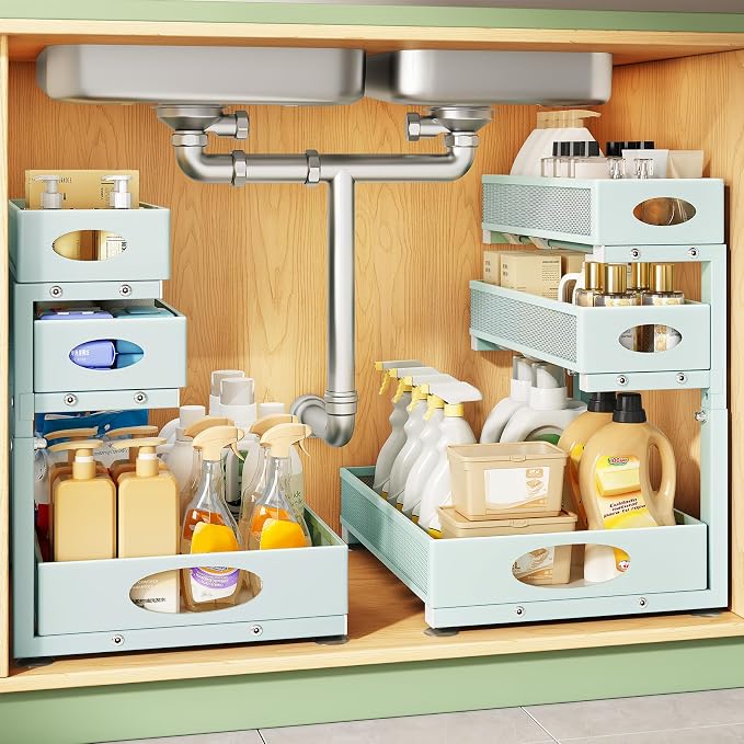 Kitstorack Under Sink Organizer 3-Tier Slide Out Drawer 2-Pack LightBlue | Height Adjustable, Metal Mesh Storage Rack, Pull out Cabinet Organizer Shelf for Bathroom Kitchen Pantry Home Organization by Kitstorack