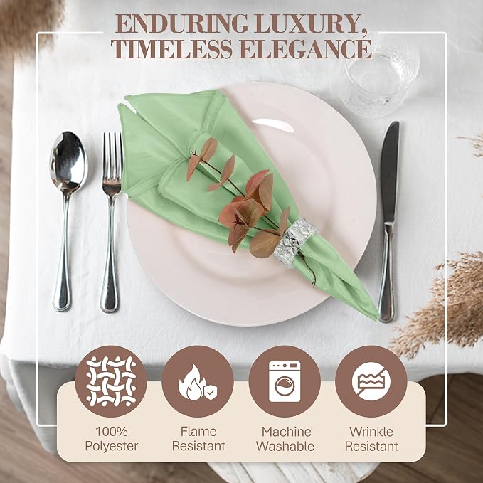 17 x 17-Inch Shantung Satin Cloth Napkins, Sage, Set of 36 | Bulk Case of 3 Dozen, Square, 100% Polyester Fabric, Reversible, Faux Dupioni Silk Reverse Side, Machine Washable, Green - Image 2