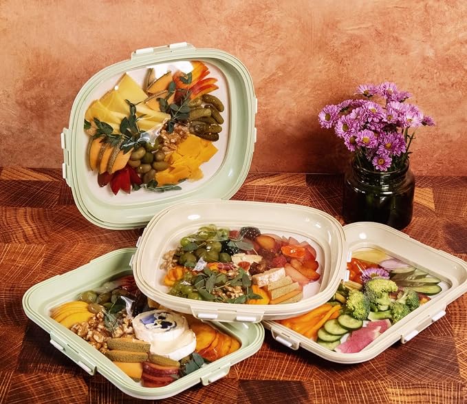 Crudités Portable Stretch-Lid Snack Tray, Rectangle 2-Pack, Cream White - Image 6