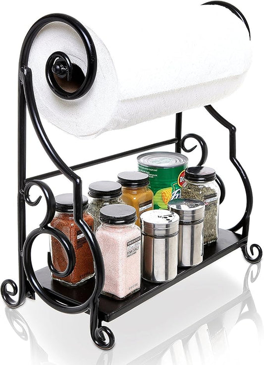 MyGift Black Metal Freestanding Paper Towel Holder Countertop with Shelf | Decorative Organizer for Kitchen, Scrollwork Design, Horizontal Storage for Spices, Napkins, and Condiments by MyGiftHome