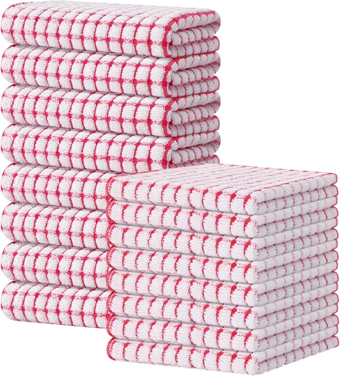 Kitinjoy Cotton 16 Pack Kitchen Towels and Dishcloths Sets, Red | 16 x 25 Inch & 12 X 12 Inch Dish Towels Bulk, Super Soft and Absorbent hand towels for kitchen Drying by Kitinjoy