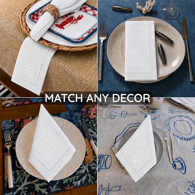 Cloth Napkins Set of 4, 20x20 inch, 100% Linen Hand Embroidered French Knot, Reusable & Machine Washable, Elegant Table Napkins for Dinner, Weddings, Parties (White) - Image 6
