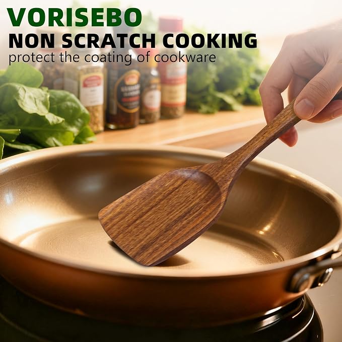 7 Pcs Teak Wooden Utensil Set, Wooden Spoons for Cooking | Non-Toxic & Nonstick Safe Kitchen Utensil, Durable Comfort Grip， Heat Resistant Wood Spatula Set - Image 3