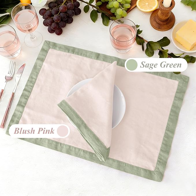 Linen World 100% French Linen Placemats Set of 4,21 x 15 Inch Double Layer Table Mats,Washable Heavyweight Placemats for Holiday Dining Kitchen Decor,Blush Pink with Sage Green Contrast Border - Image 2