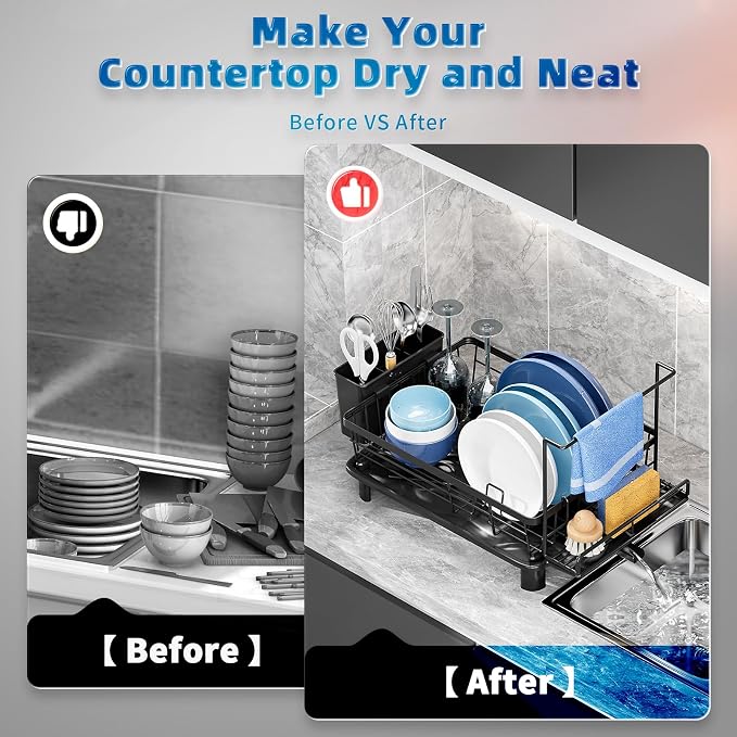 Dish Drying Rack, Stainless Steel-Dish Rack, (Black2 with Sponge Rack ) | Dish Racks for Kitchen Counter, Kitchen Dish Drainers with Removable Utensil Holder,New drain outlet, - Image 2