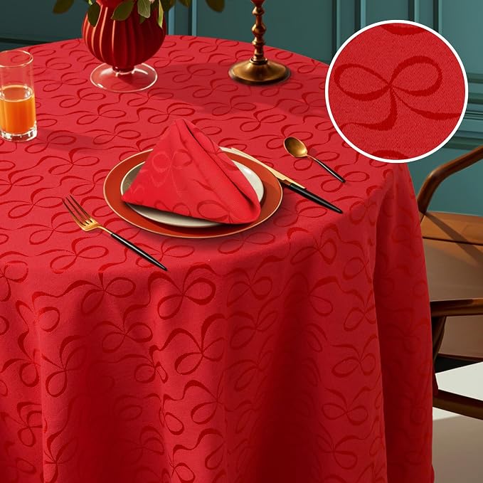 VOOVA & MOVAS Red Round Tablecloth 70" (Seat 4-6), Reusable Table Cloth for 5ft Circle Table, Polyester-Cotton, Washable, 1PC Celebration Holiday Tablecloth with Bow Jacquard by VOOVAMOVAS