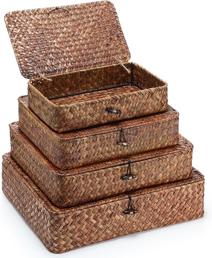 Didaey Set of 4 Seagrass Basket with Lid Wicker Storage Basket Decorative Storage Boxes with Lids Flat Storage Bins Woven Organizer Baskets for Shelf Closet Bedroom, 4 Sizes (Dark Brown) by Didaey