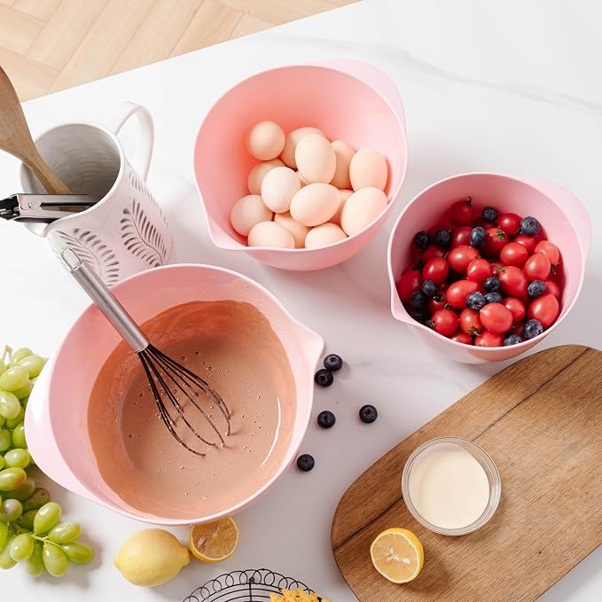 Nesting Melamine Mixing Bowl Set with Pour Spouts, Set of 3, Nesting Design Saves Space, Non-Slip, Size 2, 2.9 and 3.9qt, for Prepping, Mixing, Baking, Cooking, Pink - Image 3