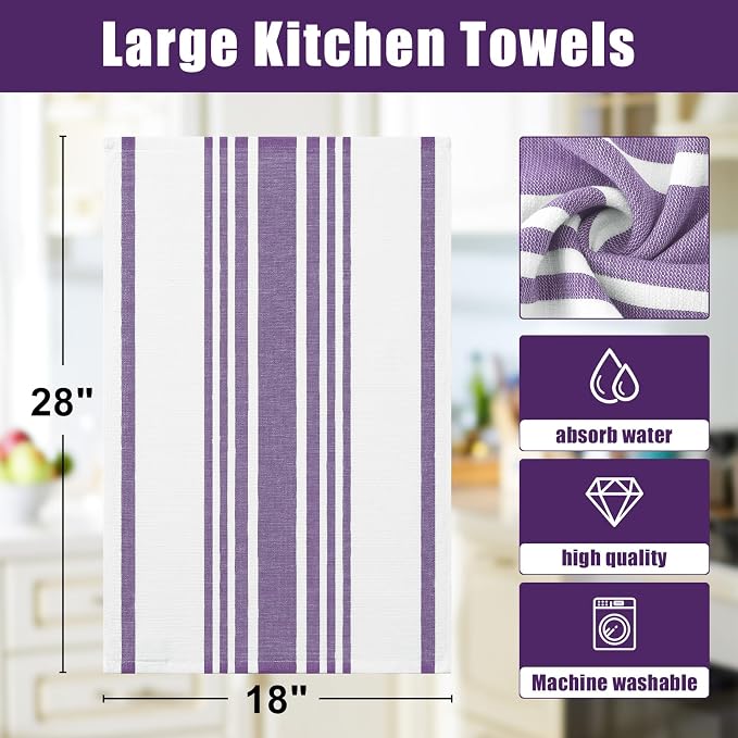 Homaxy Premium Cotton Stripe Kitchen Towels 6 Pack, 18"x 28", Purple | Large 380 GSM Kitchen Hand Towels, Soft Terry Dish Towels, Highly Absorbent Tea Towel Set with Hanging Loop - Image 8