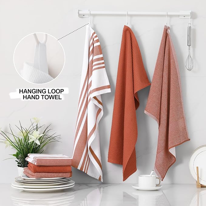Homaxy Cotton 380 GSM Premium Kitchen Towels, 18"x 28", 12 Pack, Rust | Soft and Absorbent Terry Dish Towels, Multipurpose Tea Towel Set with Hanging Loop, 3 Styles Kitchen Hand Towels - Image 3