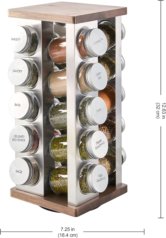 Kamenstein 20 Jar Vintage Revolving Countertop Spice Rack Organizer with Spices Included, FREE Spice Refills for 5 Years, Wood and Stainless Steel with Metal Caps - Image 3