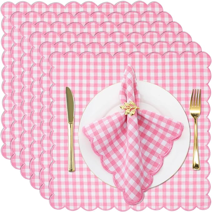 SmoothNovelty 24 Pack Buffalo Plaid Cloth Napkins 18x18 Inch Checkered Cloth Napkins Scalloped Soft Cotton Table Mat Washable Reusable for Dinner Wedding Holiday Birthday Parties (Classic,Pink) by SmoothNovelty