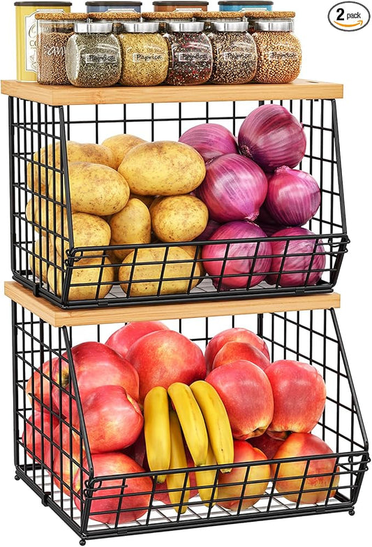 2 Set Stackable Wire Basket with Wooden Tops & Pad for kitchen organizers and storage, XXL Kitchen Counter Organizer for Fruit, Vegetable, Bread, Potato and Onion Storage Bin by Jautokerdar